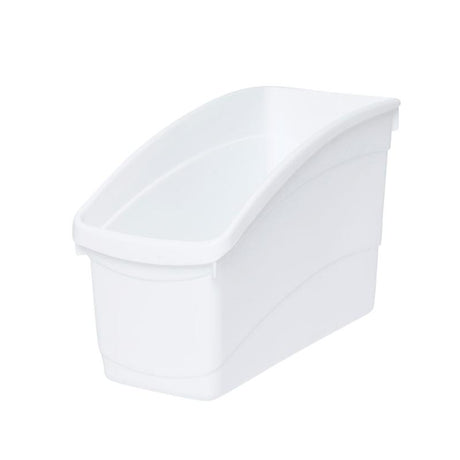 White plastic storage tub with high back design, ideal for organizing books, supplies, and craft materials.