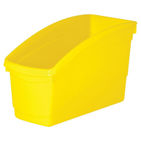 Bright yellow plastic storage tub for books and documents, featuring high back design for optimal organization.