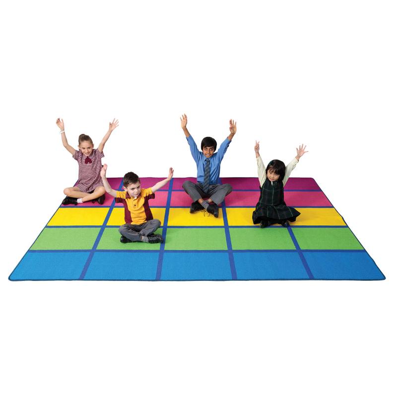 Colorful Elizabeth Richards Rainbow Blocks Rug, 3m x 2m, with soft texture and non-slip backing for safe, imaginative play.