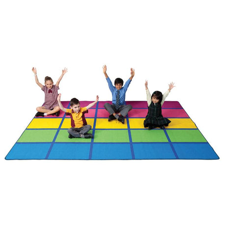 Colorful Elizabeth Richards Rainbow Blocks Rug, 3m x 2m, with soft texture and non-slip backing for safe, imaginative play.
