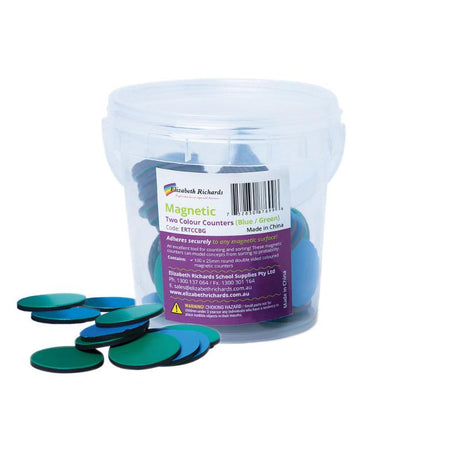 Vibrant blue and green magnetic counters for counting and sorting in educational settings, ideal for interactive learning.
