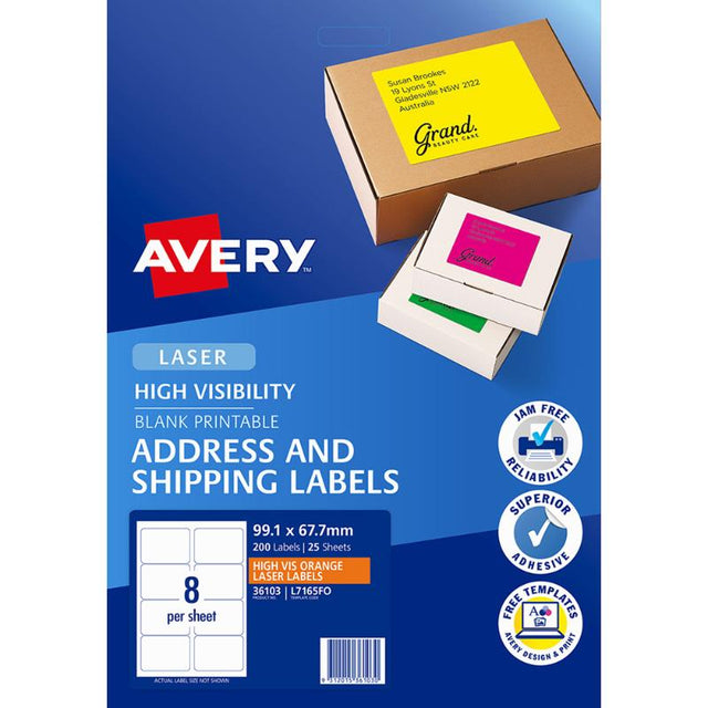 Fluoro orange Avery shipping labels, 99.1x67.7mm, 8 labels per sheet, 25 sheets, ideal for visibility and organization.