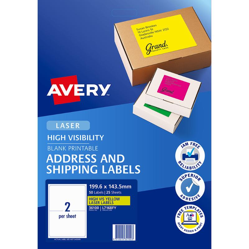 Vibrant Fluoro Yellow Avery Shipping Labels, 199.6x143.5mm, 50 labels, customizable for parcels and documents.