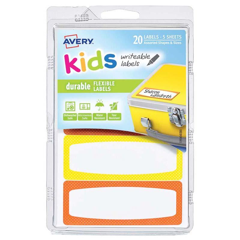 Avery Label Kids Durable Orange Yellow Neon Border 89x32mm 4up 5 Sheets