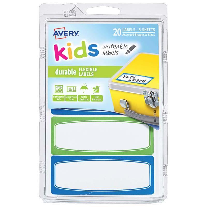 Avery Label Kids Durable Green Blue Border 89x32mm 4up 5 Sheets