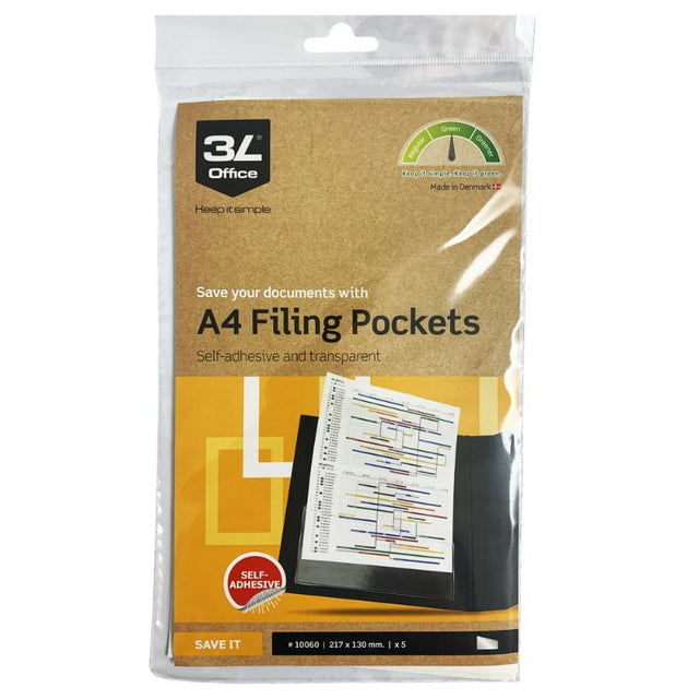 5-pack of premium A4 217x130mm self-adhesive filing pockets for organized document protection.