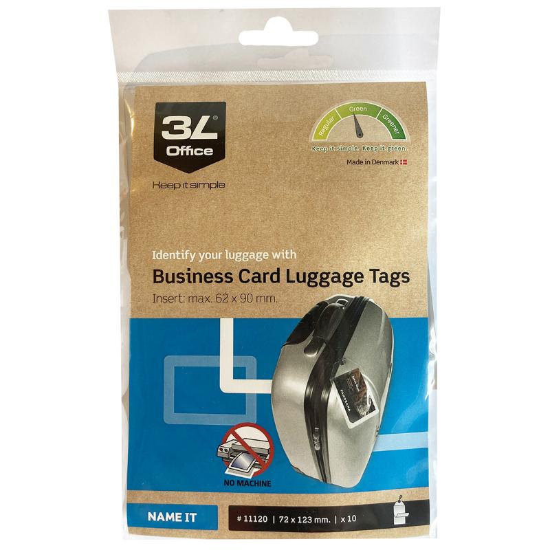 Set of 10 durable business card luggage tags, 62x90mm, self-laminating for protection, with nylon cords for easy attachment.