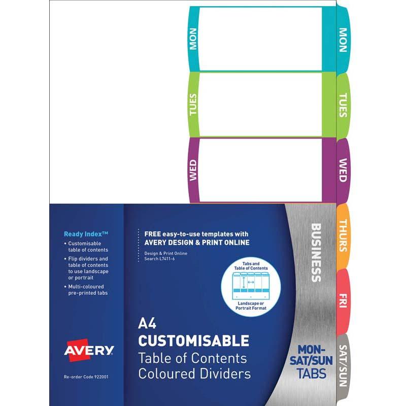 Avery A4 customizable dividers with 6 colored tabs for organizing documents; durable, sustainable, and printer-friendly.