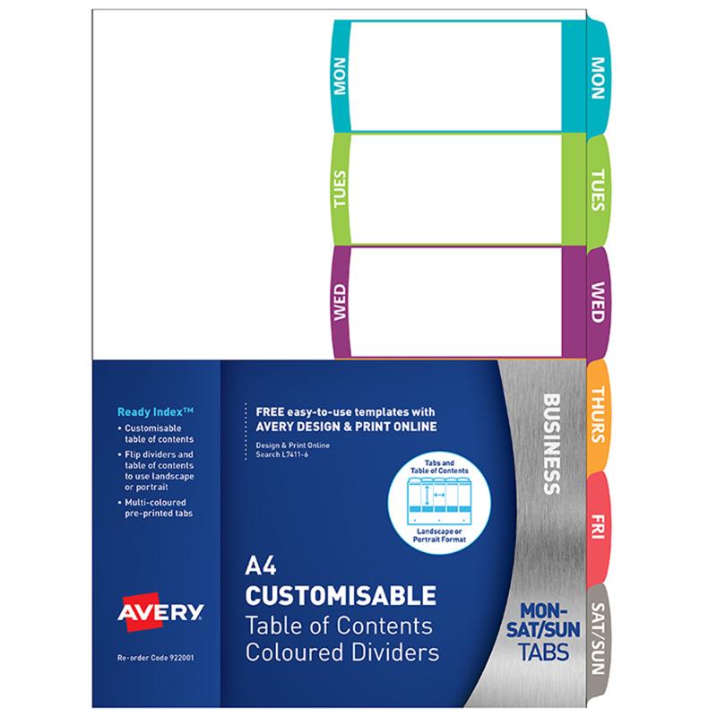 Avery A4 customizable dividers with 6 colorful tabs for organized document management and easy accessibility.