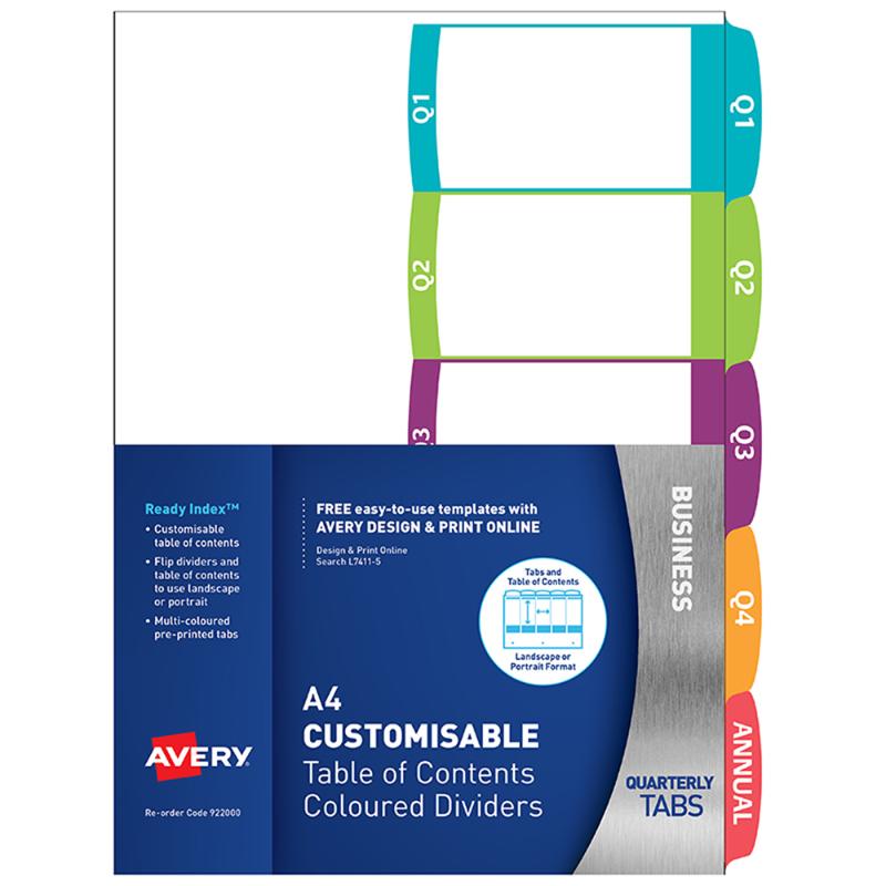Avery Customisable Table Of Contents A4 Quarterly 5 Tabs Coloured