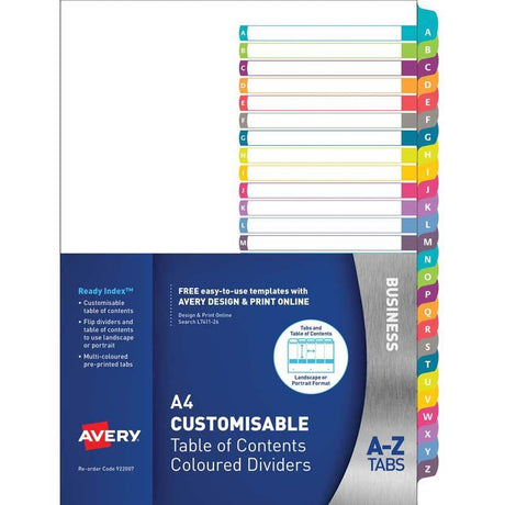 Avery A-Z Tabs for A4 documents with colorful plastic tabs for organized presentation and easy navigation.