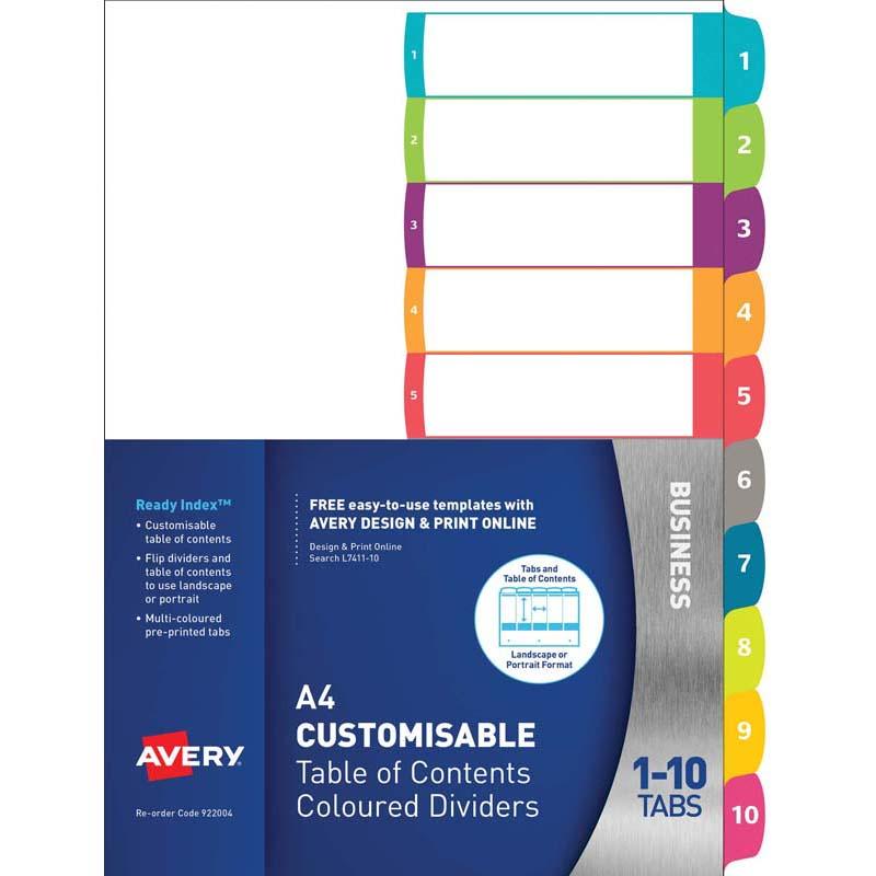 Avery Customisable Table Of Contents A4 1-10 Tabs Coloured L7411-10