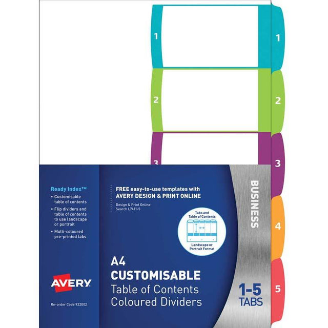 Avery Customisable Table of Contents A4 dividers with 5 colored tabs for versatile document organization.