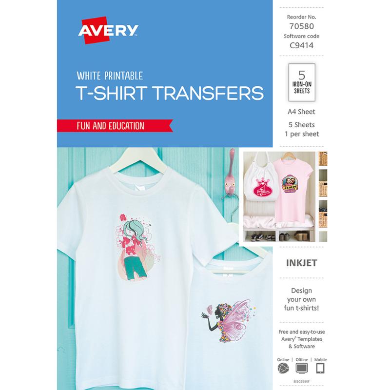 Avery Tshirt Transfer Inspired C9414 A4 White 1up 5 Sheets