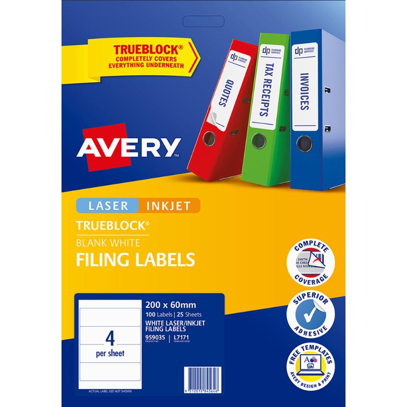 Avery Label L7171 Lever Arch 4up 25 Sheets 200x60mm