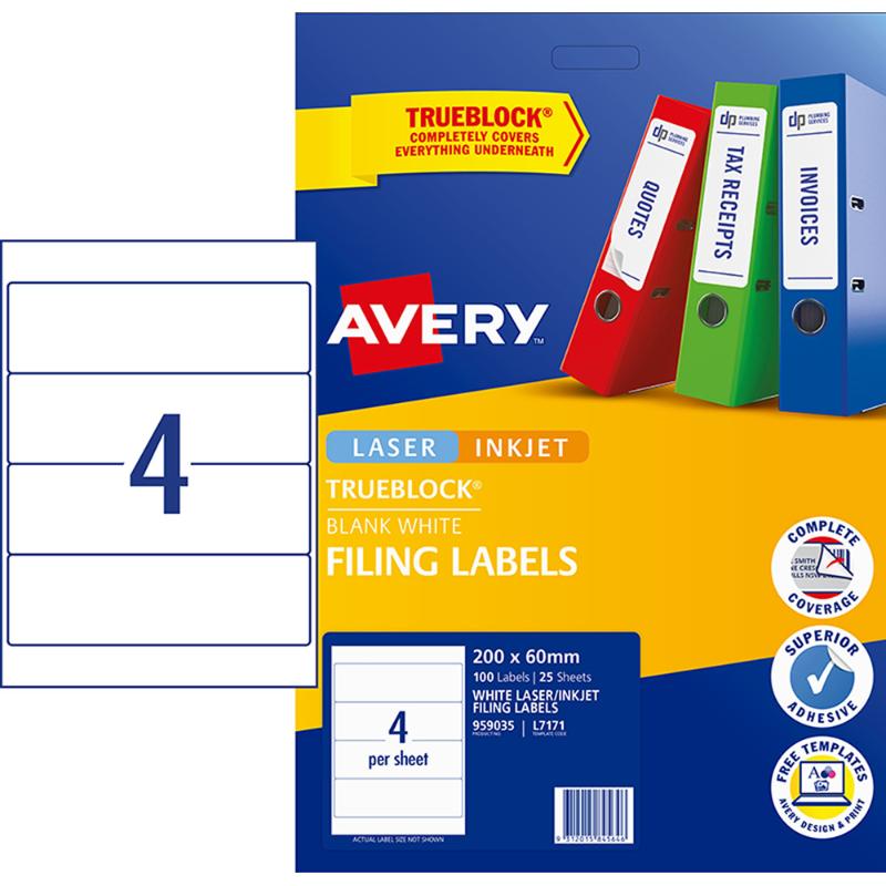 Avery Label L7171 Lever Arch 4up 25 Sheets 200x60mm