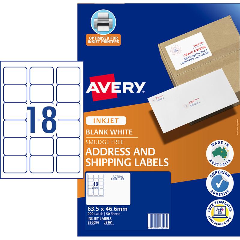 Avery Label J8161-50 Inkjet 18up 50 Sheets 63x46mm