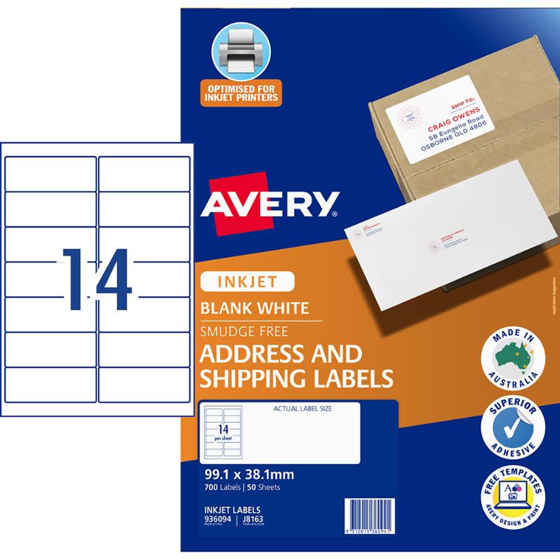 Avery Label J8163-50 Inkjet 14up 50 Sheets 99x38mm