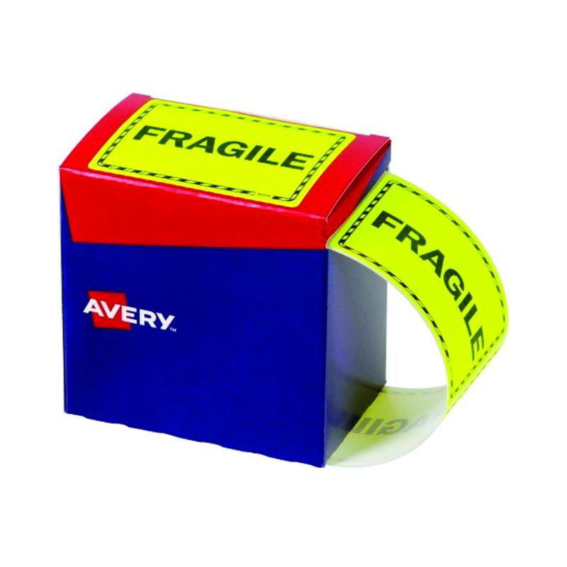 Avery Fragile Label Dispenser with 750 vibrant adhesive labels for clear package handling instructions.