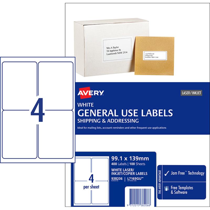 Avery Label L7169 General Use A4 4up 100 Sheets 99x139mm