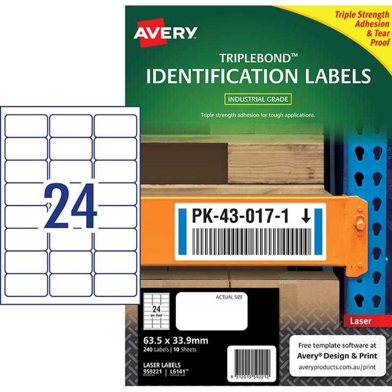 Avery Triplebond Label L6141 White Laser 63.5x33.9mm 24up 10 Sheets