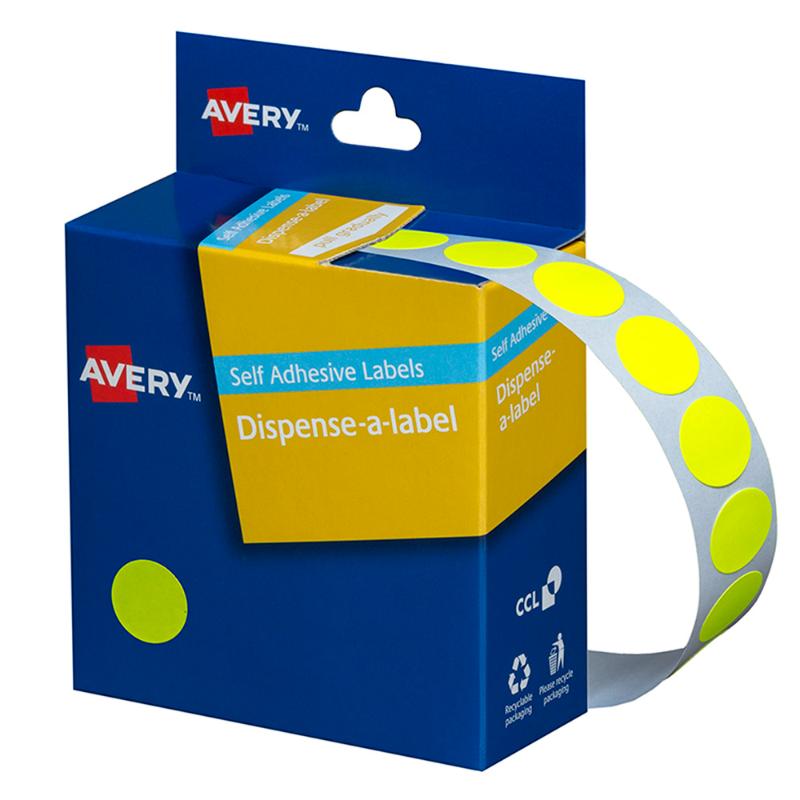 Avery Label Dispenser DMC14FY Yellow Fluoro Round 14mm 700 Pack