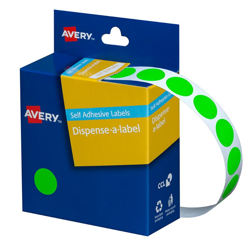 Avery Label Dispenser DMC14FG Green Fluoro Round 14mm 700 Pack