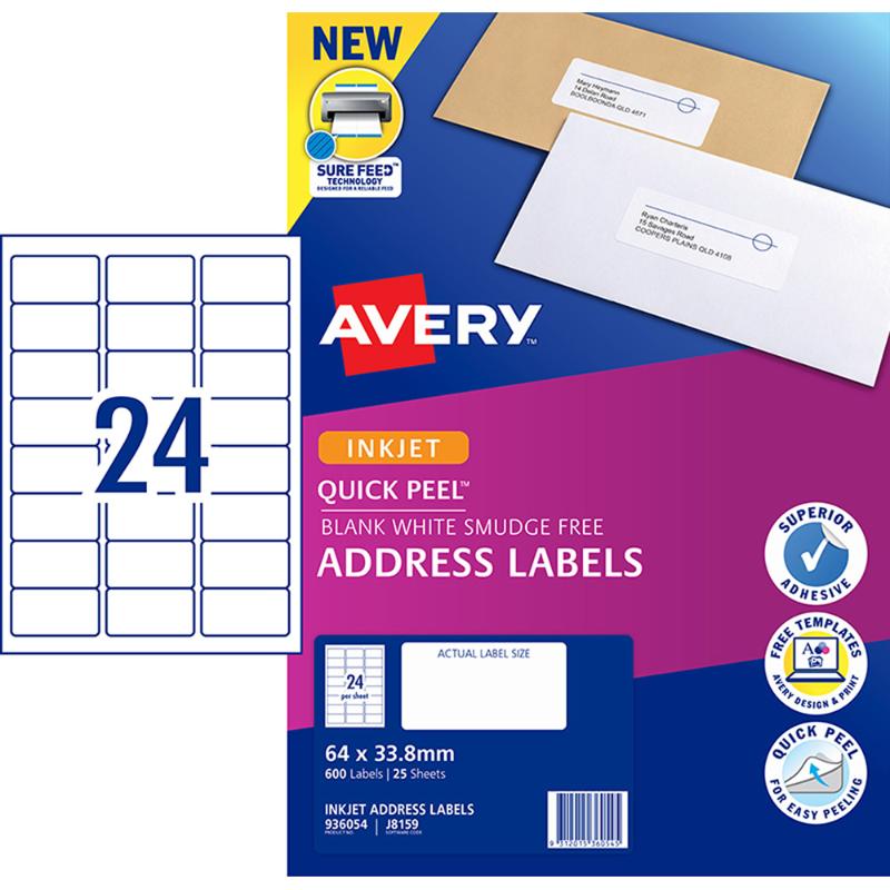 Avery Label J8159-25 Inkjet 24up 25 Sheets 64x33mm