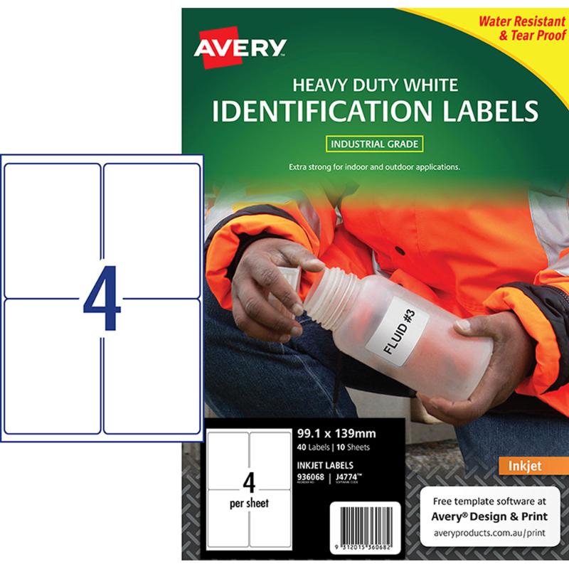 Avery Heavy Duty ID Label J4774 White Inkjet 99.1x139mm 4up 10 Sheets