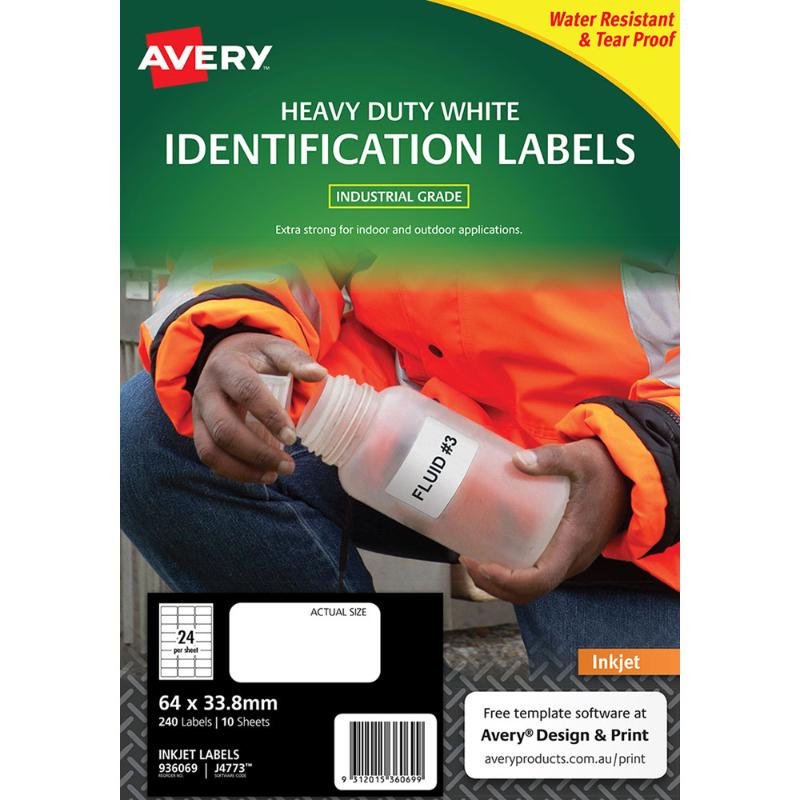 Avery Heavy Duty ID Labels J4773, durable white inkjet labels, 64x33.8mm, tear-proof and water-resistant for tough applications.