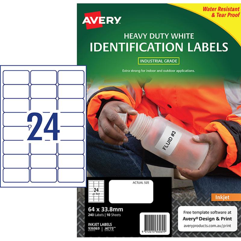 Avery Heavy Duty ID Labels J4773, 64x33.8mm, durable, water-resistant, ideal for tough labeling tasks.