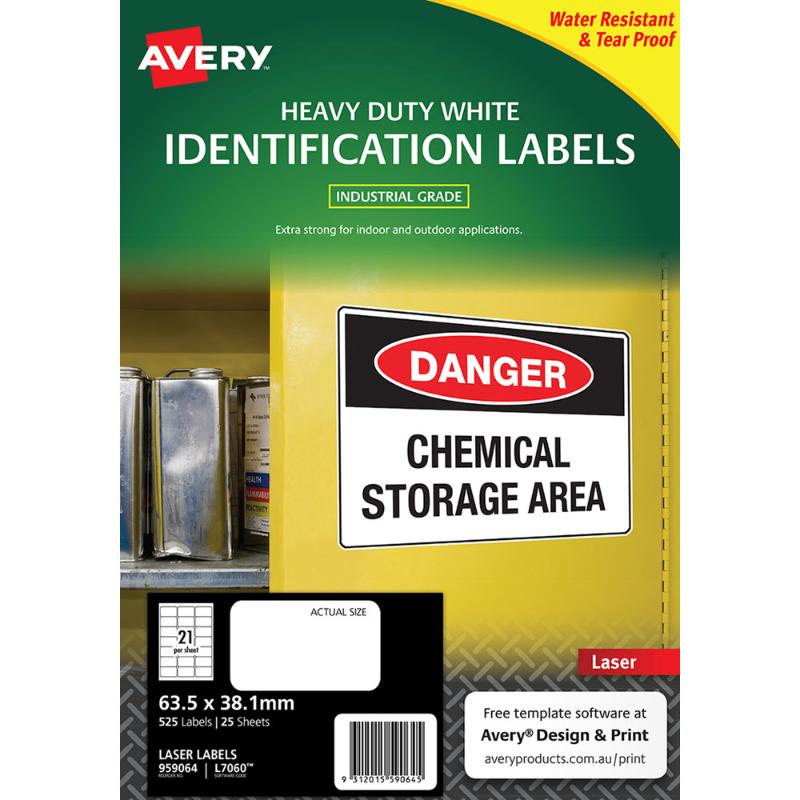 Avery Heavy Duty ID Label L7060 White Laser 63.5x38.1mm 21up 25 Sheets