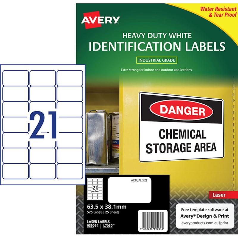 Avery Heavy Duty ID Label L7060 White Laser 63.5x38.1mm 21up 25 Sheets