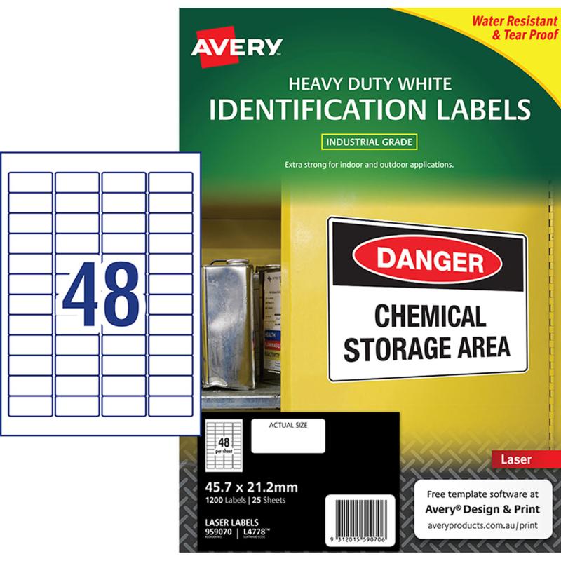 Avery Heavy Duty ID Label L4778 White Laser 45.7x21.2mm 48up 25 Sheets