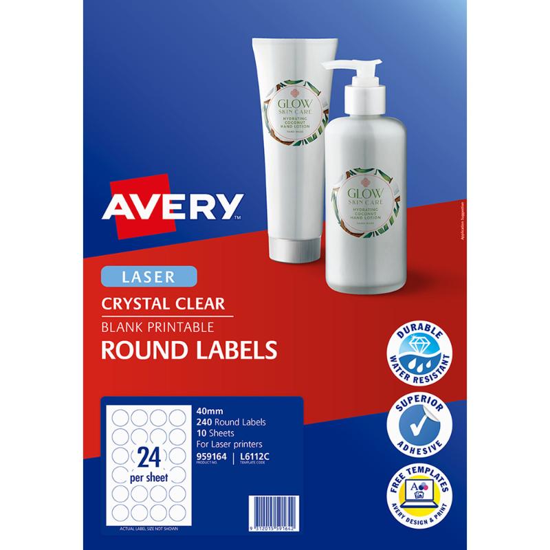 Avery Label L6112C Crystal Clear Round 40mm 24up 10 Sheets