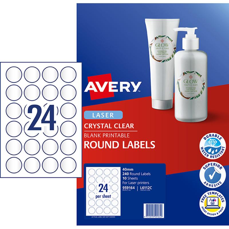 Avery Label L6112C Crystal Clear Round 40mm 24up 10 Sheets