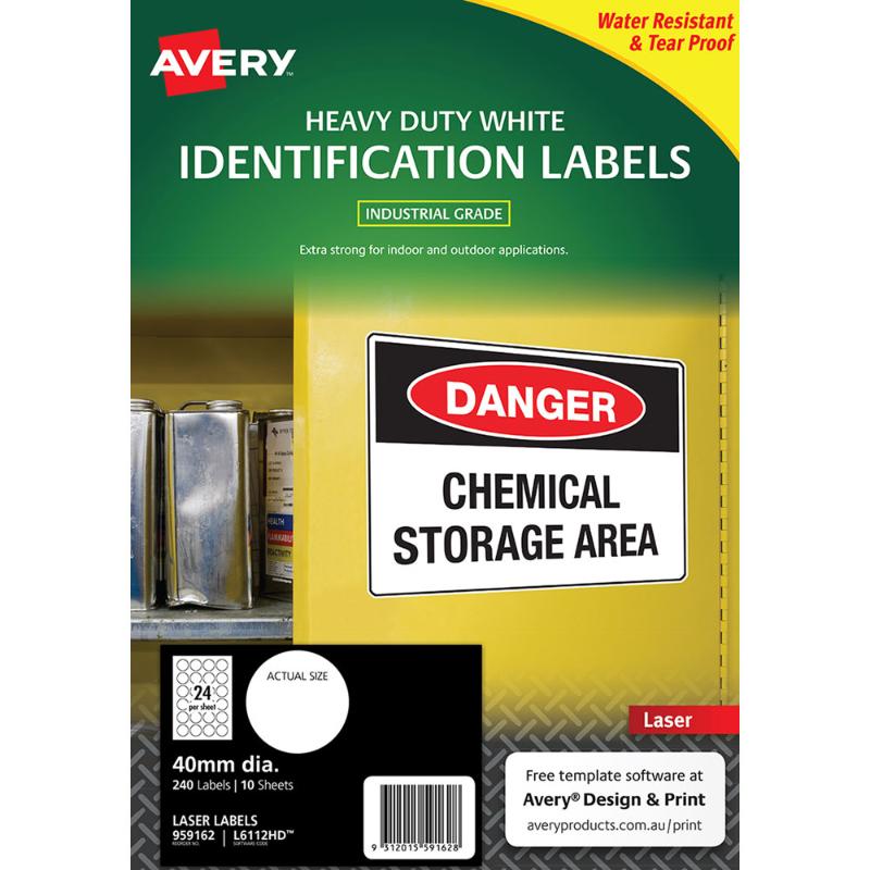 Avery Heavy Duty ID Label L6112 White Laser 40mm 24up 10 Sheets