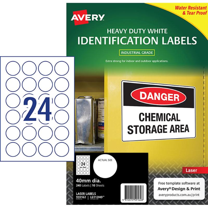 Avery Heavy Duty ID Label L6112 White Laser 40mm 24up 10 Sheets