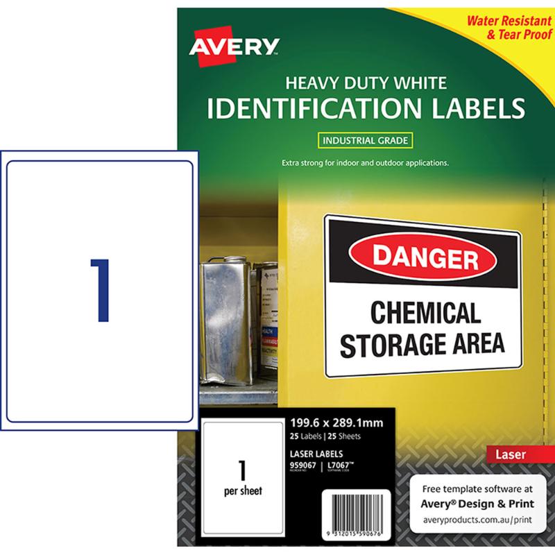 Avery Heavy Duty ID Label L7067 White Laser 199.6x289.1mm 1up 25 Sheets