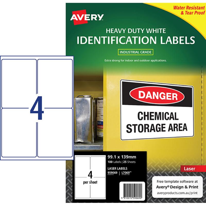 Avery Heavy Duty ID Label L7069 White Laser 99.1x139mm 4up 25 Sheets