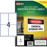 Avery Heavy Duty ID Labels L7069, durable white labels for tough environments, laser print compatible, 99.1x139mm, 25 sheets.