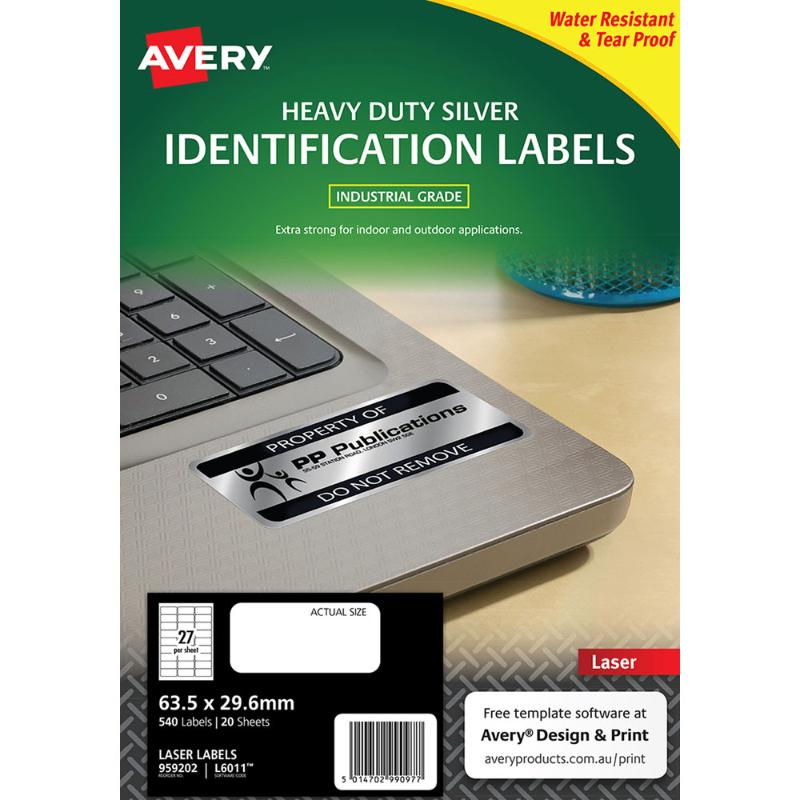 Durable silver laser labels, 63.5x29.6mm, resistant to water, oil, and UV for tough labeling applications.