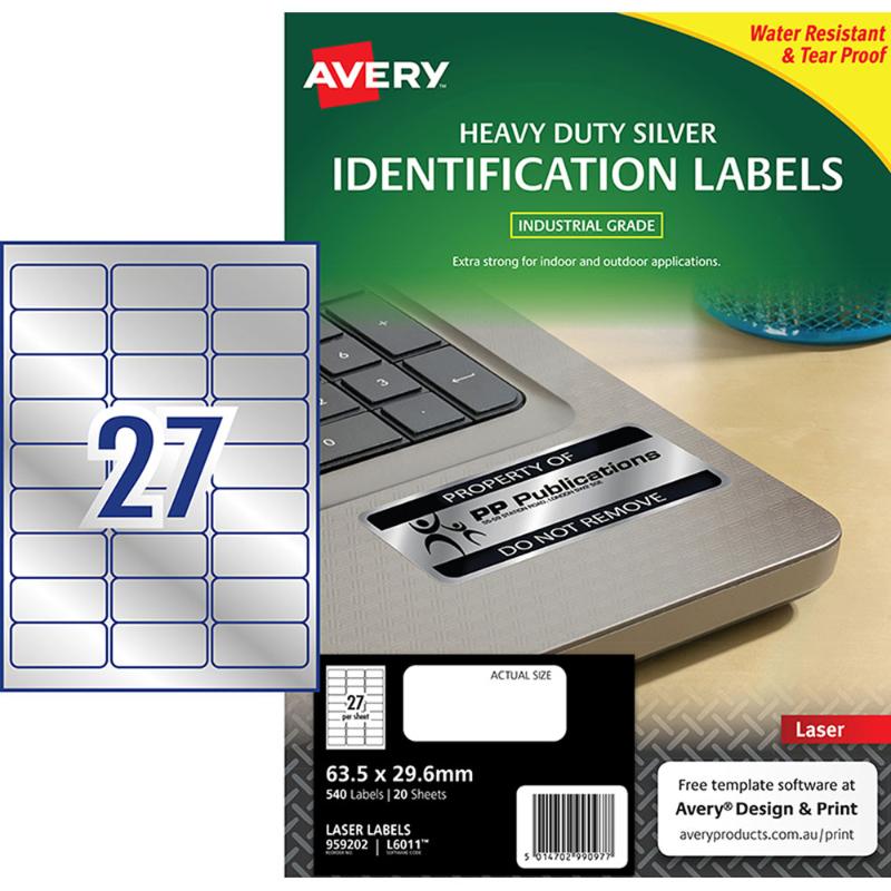 Durable silver labels for asset identification, resistant to water, oil, and extreme temperatures, measuring 63.5x29.6mm.