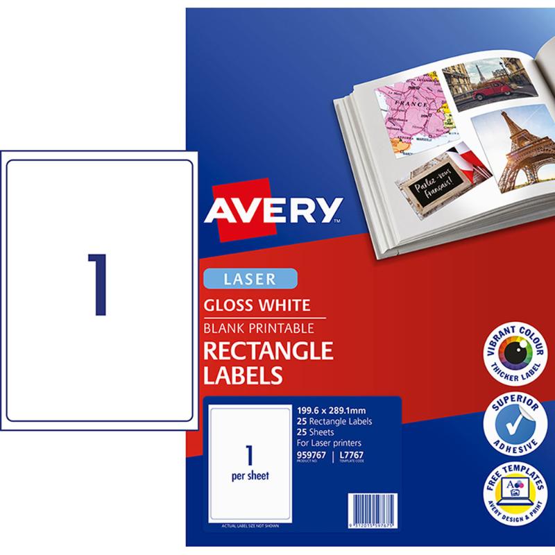 Avery Label L7767-25 Glossy 1up 25 Sheets 199x289mm