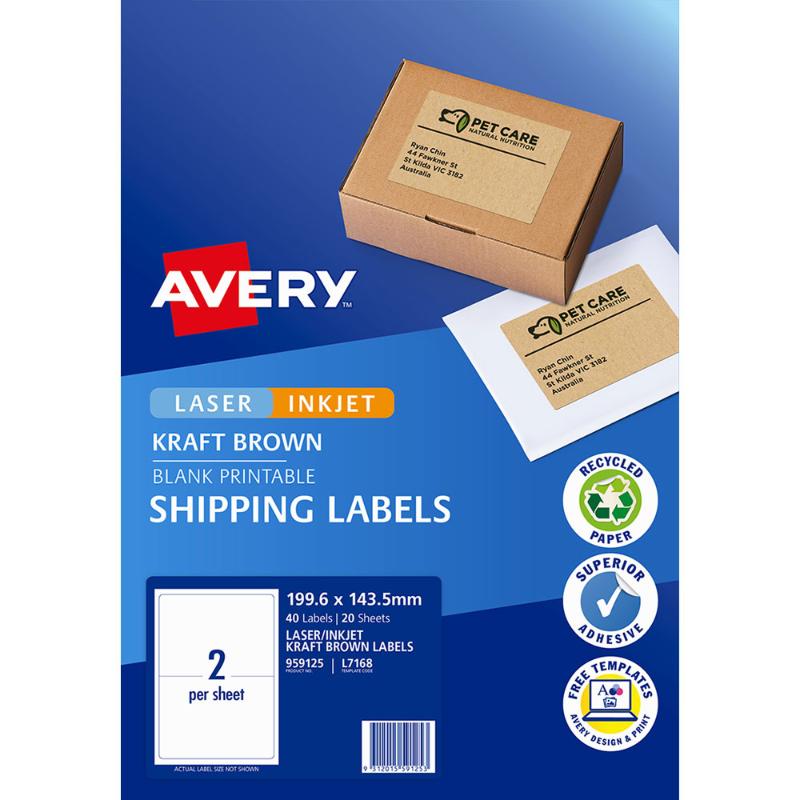 Avery Shipping Labels L7168 Brown Kraft 199.6x143.5mm 2up 20 Sheets