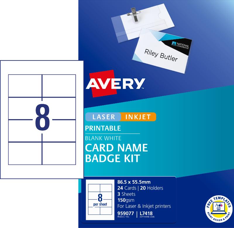 Avery Card Name Badges Kit 86.5x55.5mm 8up 3 Sheets Inkjet Laser L7418