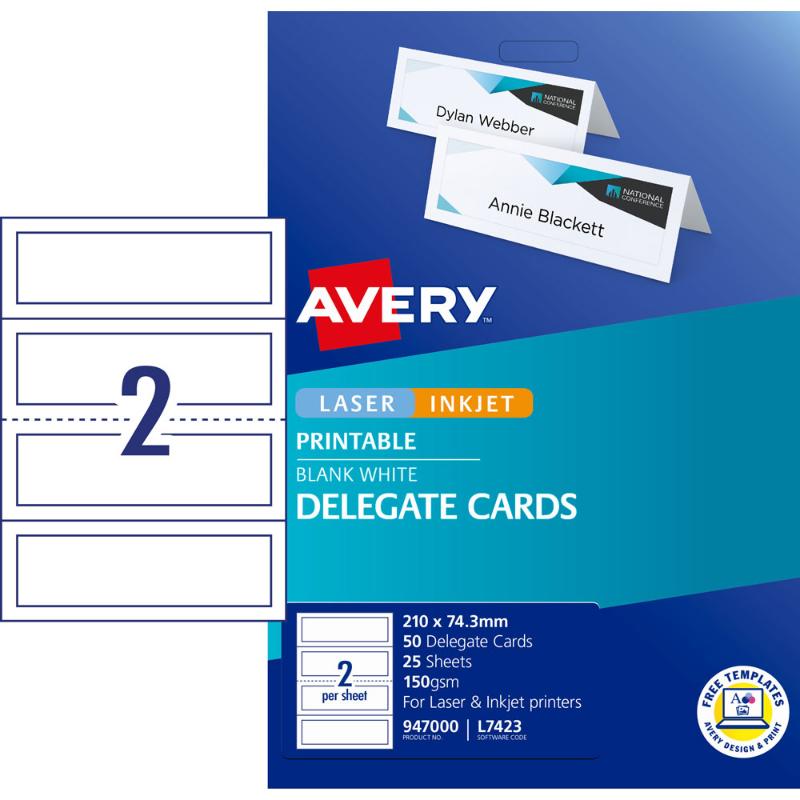 Avery Delegate Cards 210x74.3mm 50 Cards 25 Sheets Inkjet Laser