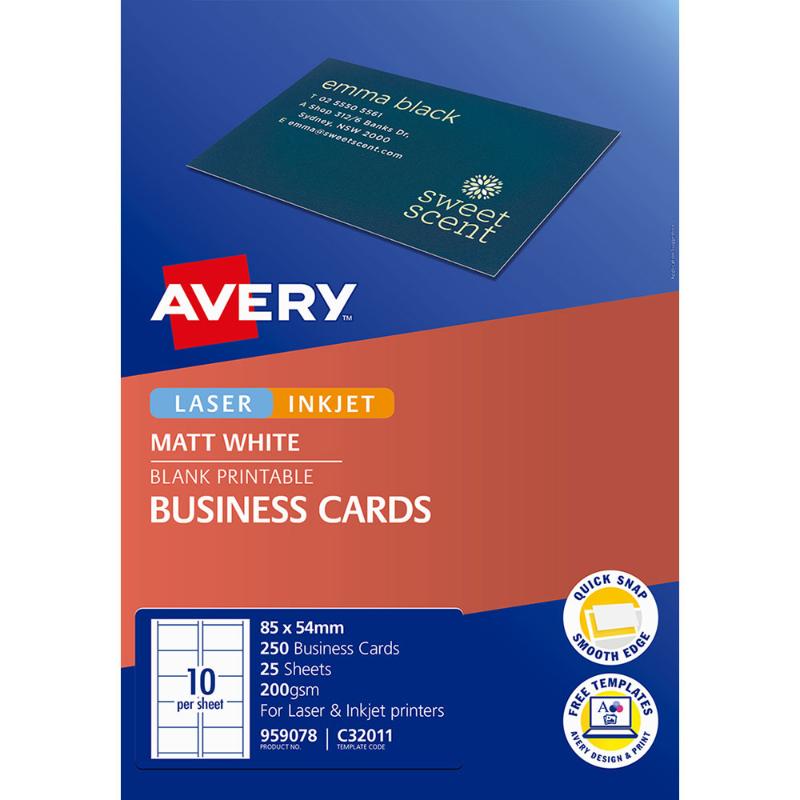 Avery C32011 business cards, 10up design on 25 sheets for easy printing, durable, customizable, ideal for professionals.