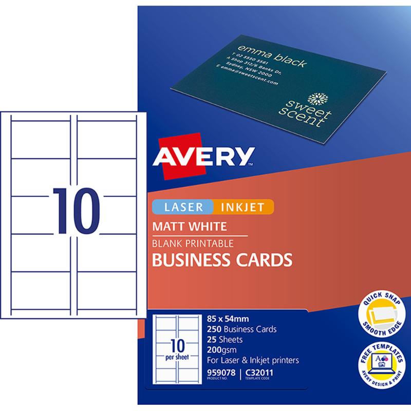 Avery business cards, 10-up design, heavy-duty cardboard, customizable, 250 cards per pack, compatible with inkjet and laser printers.