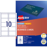 Avery business cards, 10-up design, heavy-duty cardboard, customizable, 250 cards per pack, compatible with inkjet and laser printers.